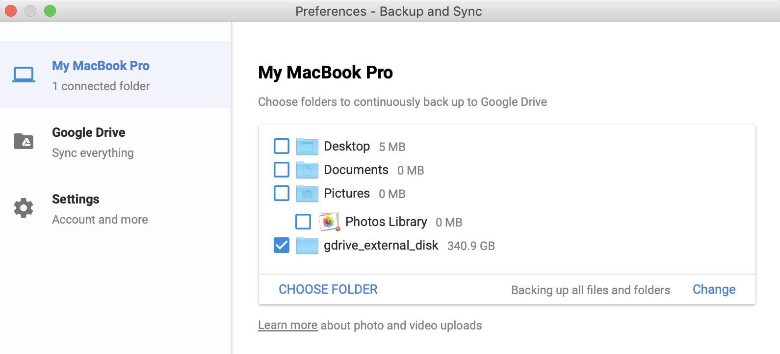 google backup and sync change folder